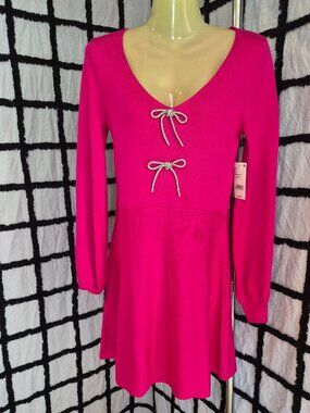 NWT Fuchsia Midnight Doll V-Neck Rhinestone Bow Front Long Sleeve Sweater Dress